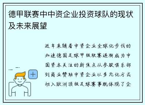 德甲联赛中中资企业投资球队的现状及未来展望