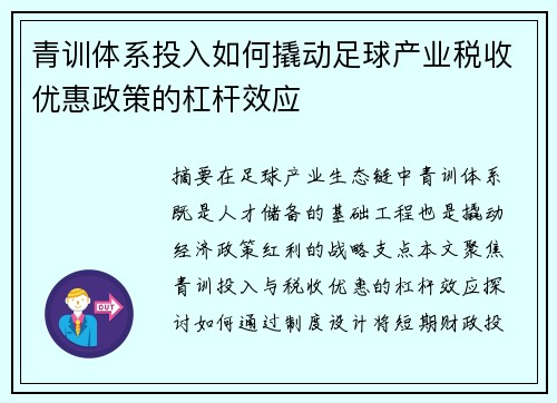 青训体系投入如何撬动足球产业税收优惠政策的杠杆效应